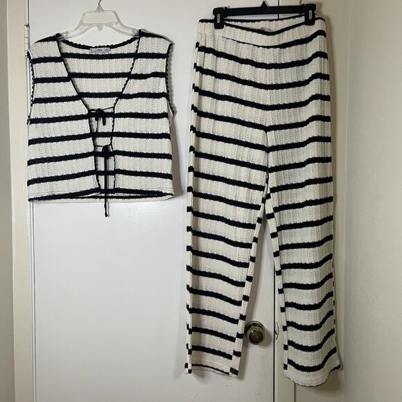 MNG BY MANGO black white striped knit 2 piece vest pants set L/XL - Picture 3 of 12